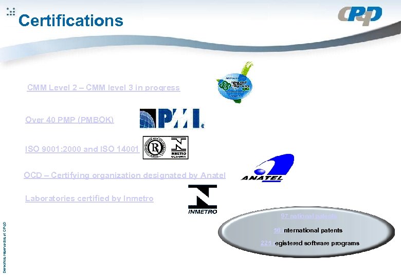 Certifications CMM Level 2 – CMM level 3 in progress Over 40 PMP (PMBOK)