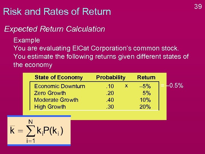 39 Risk and Rates of Return Expected Return Calculation Example You are evaluating El.