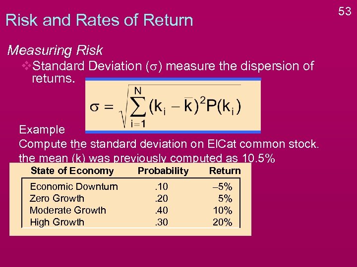 53 Risk and Rates of Return Measuring Risk v. Standard Deviation (s) measure the