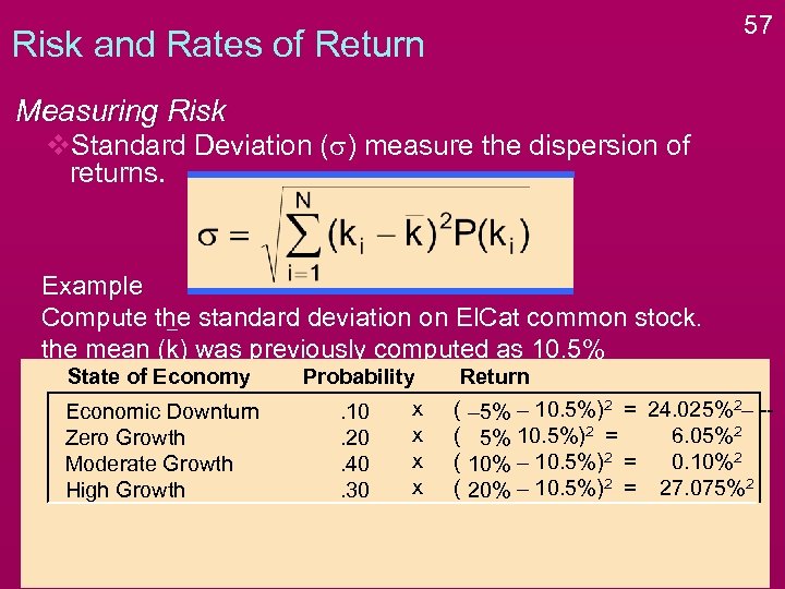 57 Risk and Rates of Return Measuring Risk v. Standard Deviation (s) measure the