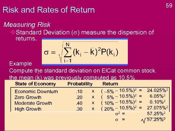 59 Risk and Rates of Return Measuring Risk v. Standard Deviation (s) measure the