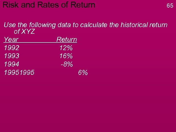 Risk and Rates of Return 65 Use the following data to calculate the historical