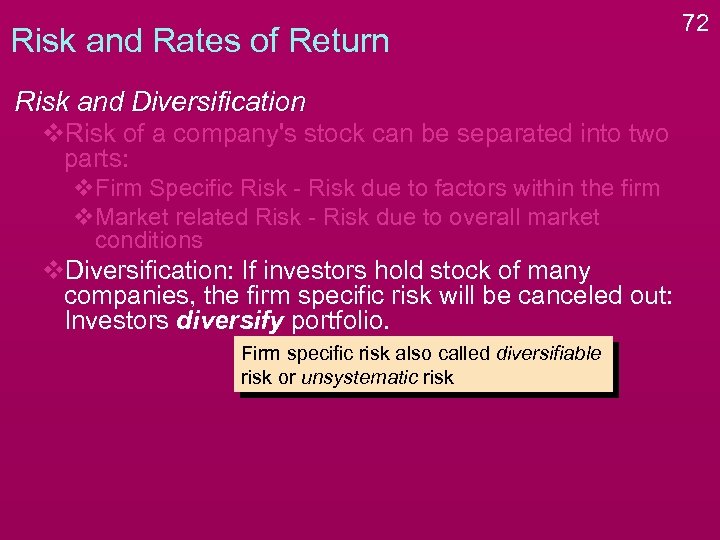 Risk and Rates of Return Risk and Diversification v. Risk of a company's stock