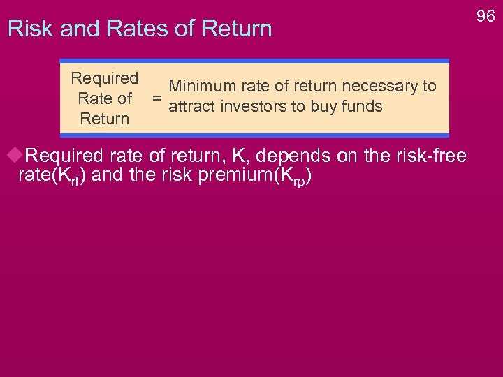 Risk and Rates of Return Required Minimum rate of return necessary to Rate of