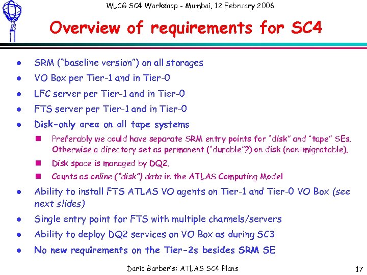 WLCG SC 4 Workshop - Mumbai, 12 February 2006 Overview of requirements for SC