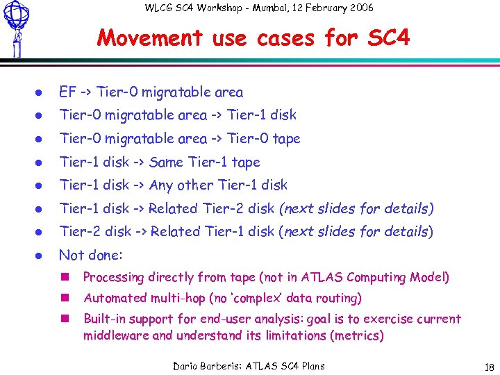 WLCG SC 4 Workshop - Mumbai, 12 February 2006 Movement use cases for SC