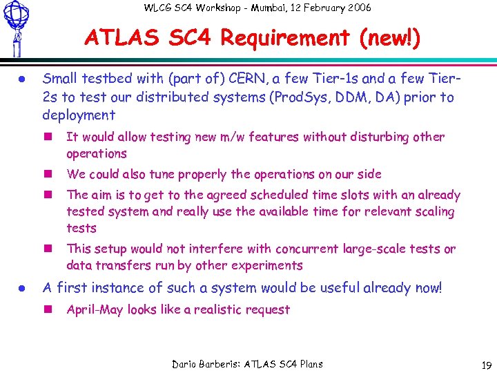 WLCG SC 4 Workshop - Mumbai, 12 February 2006 ATLAS SC 4 Requirement (new!)