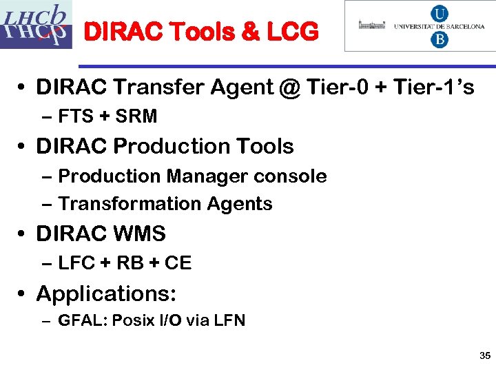 DIRAC Tools & LCG • DIRAC Transfer Agent @ Tier-0 + Tier-1’s – FTS