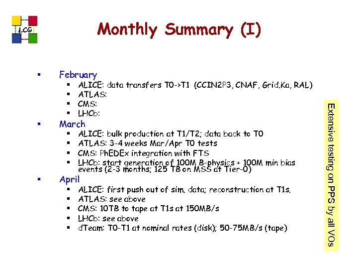 Monthly Summary (I) LCG § February § § § ALICE: data transfers T 0