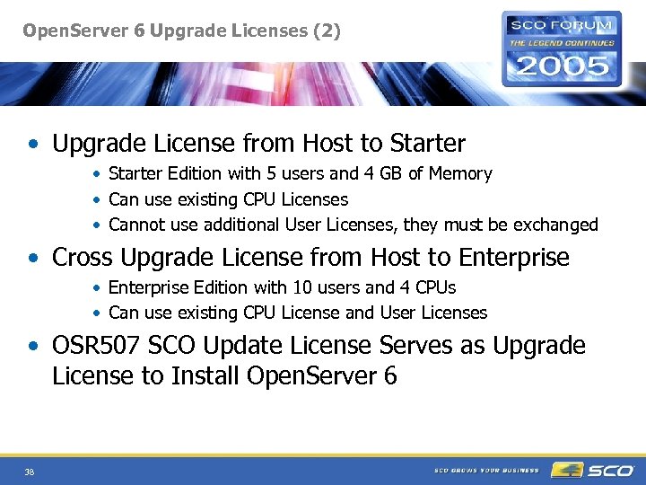 Open. Server 6 Upgrade Licenses (2) • Upgrade License from Host to Starter •