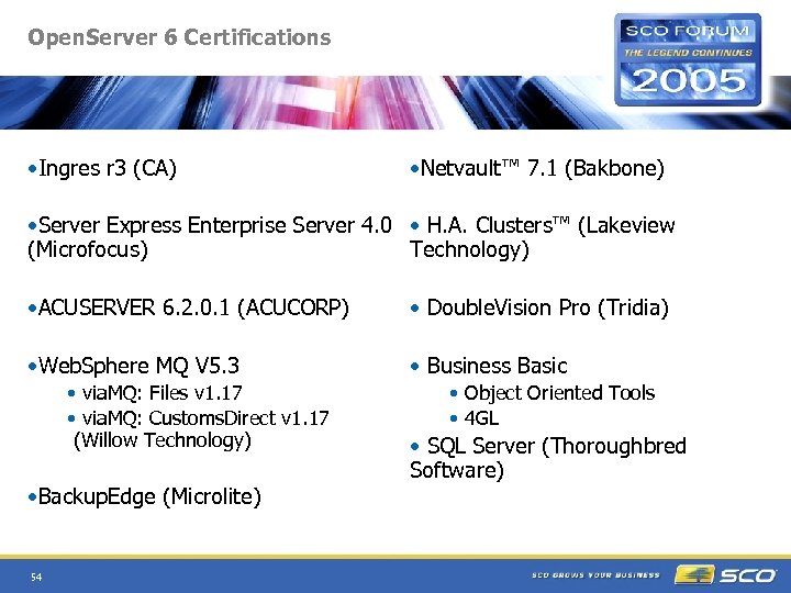 Open. Server 6 Certifications • Ingres r 3 (CA) • Netvault™ 7. 1 (Bakbone)