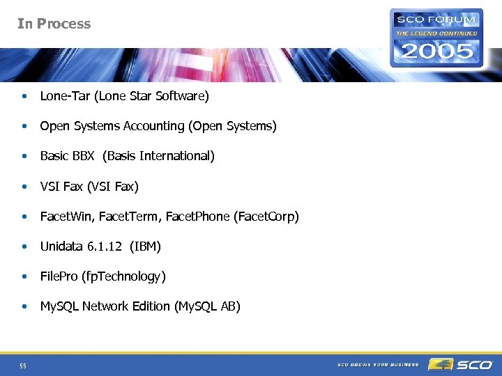 In Process • Lone-Tar (Lone Star Software) • Open Systems Accounting (Open Systems) •