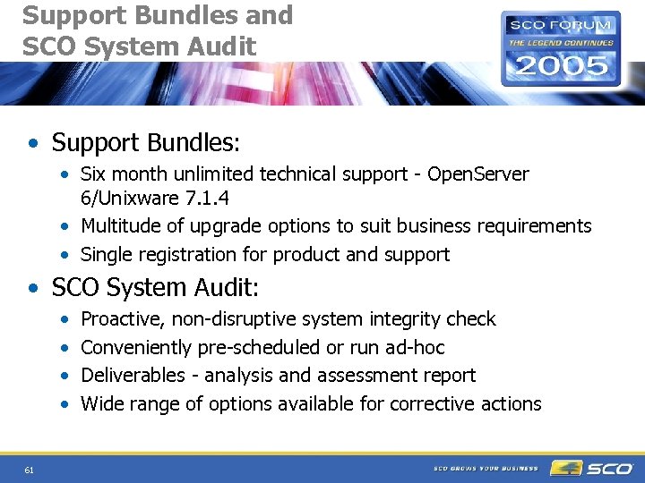 Support Bundles and SCO System Audit • Support Bundles: • Six month unlimited technical