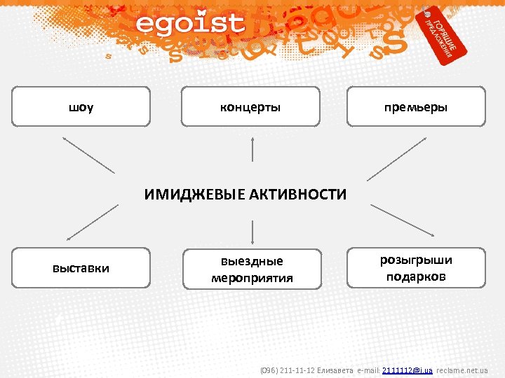 шоу концерты премьеры ИМИДЖЕВЫЕ АКТИВНОСТИ выставки выездные мероприятия розыгрыши подарков (096) 211 -11 -12