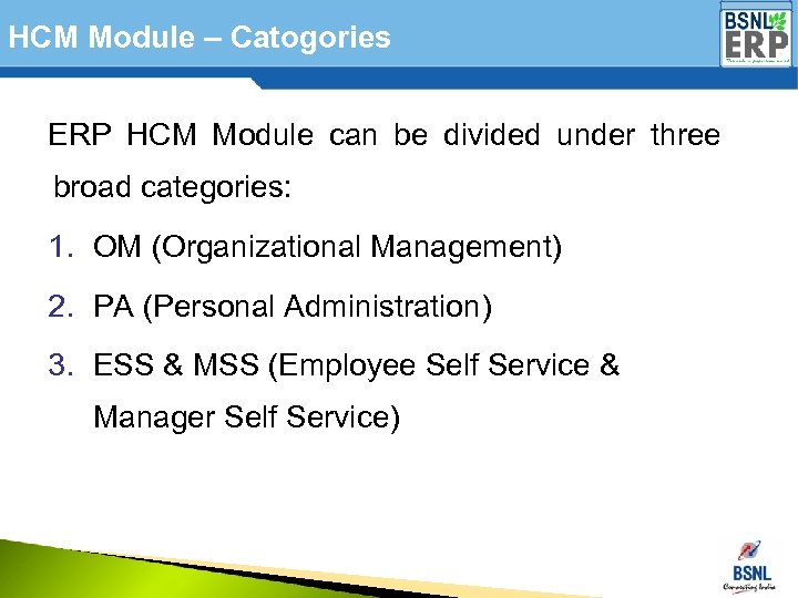 HCM Module – Catogories ERP HCM Module can be divided under three broad categories: