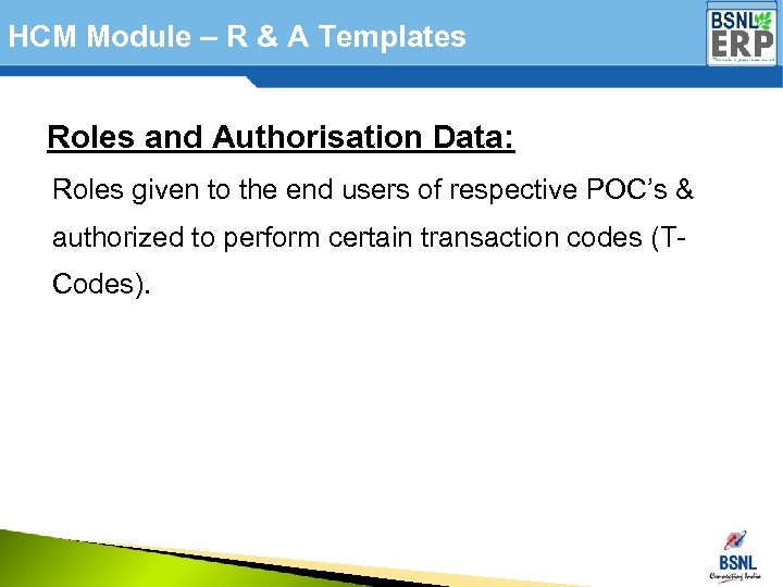 HCM Module – R & A Templates Roles and Authorisation Data: Roles given to