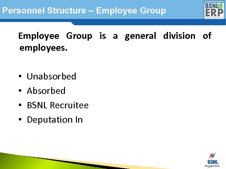 Personnel Structure – Employee Group is a general division of employees. • • Unabsorbed