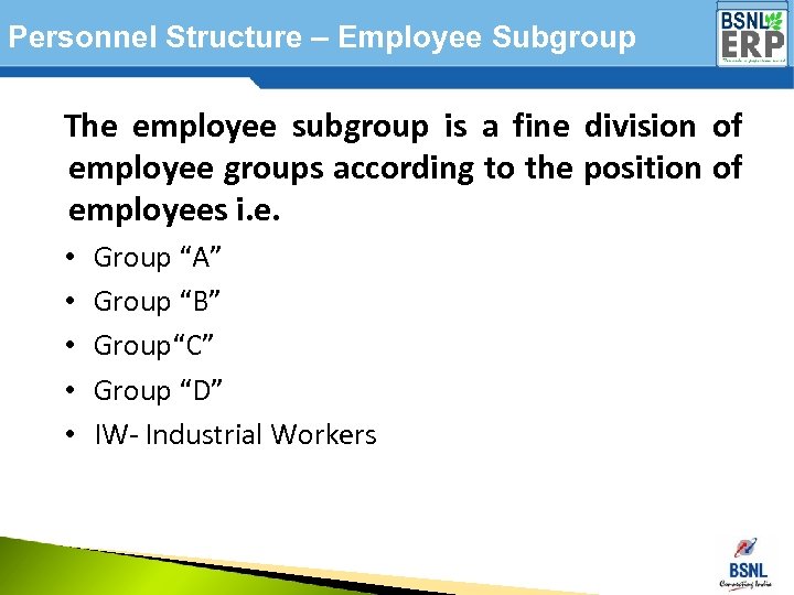 Personnel Structure – Employee Subgroup The employee subgroup is a fine division of employee