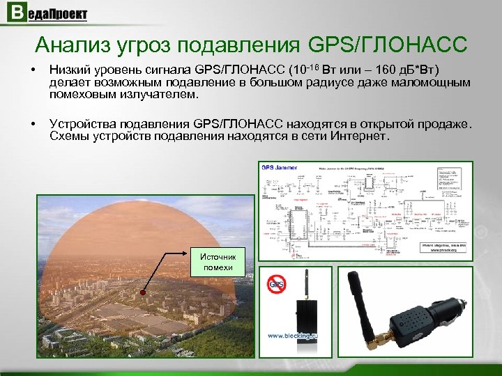 Анализ угроз подавления GPS/ГЛОНАСС • Низкий уровень сигнала GPS/ГЛОНАСС (10 -16 Вт или –
