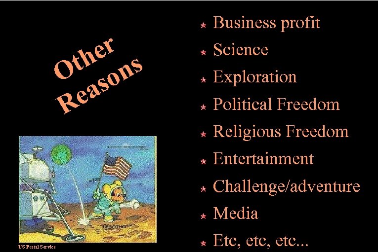 er th ns O so ea R Business profit Science Exploration Political Freedom Religious