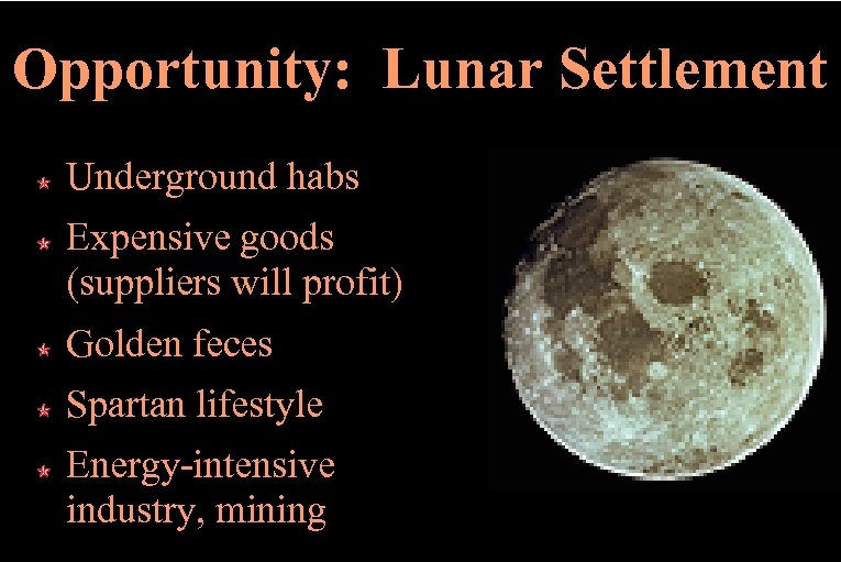 Opportunity: Lunar Settlement Underground habs Expensive goods (suppliers will profit) Golden feces Spartan lifestyle