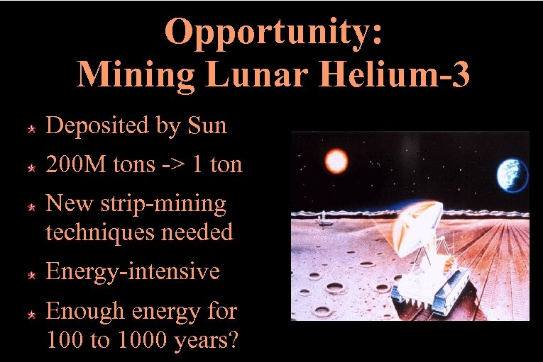 Opportunity: Mining Lunar Helium-3 Deposited by Sun 200 M tons -> 1 ton New