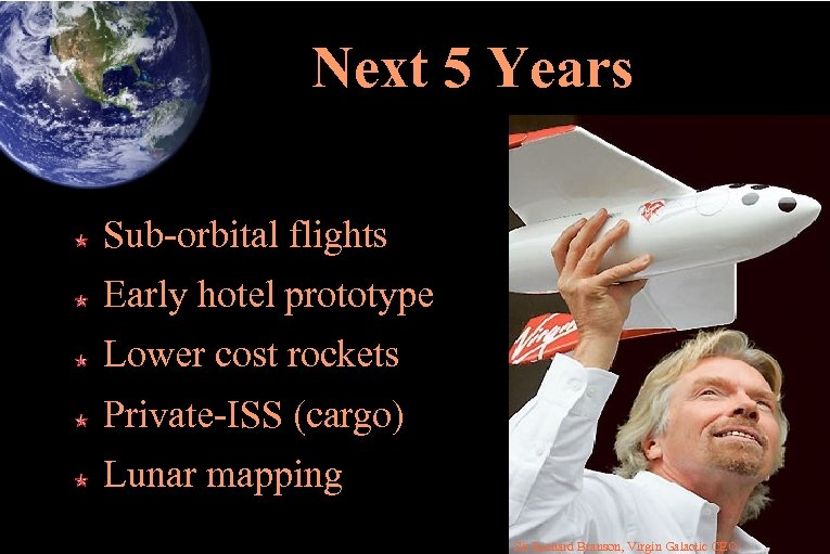 Next 5 Years Sub-orbital flights Early hotel prototype Lower cost rockets Private-ISS (cargo) Lunar