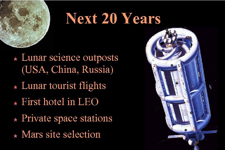 Next 20 Years Lunar science outposts (USA, China, Russia) Lunar tourist flights First hotel