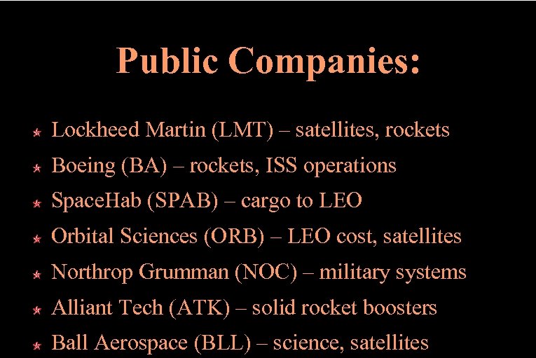 Public Companies: Lockheed Martin (LMT) – satellites, rockets Boeing (BA) – rockets, ISS operations