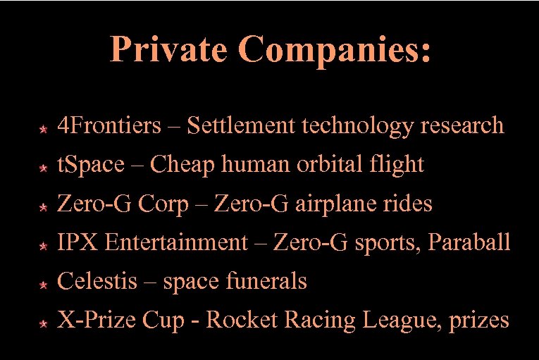 Private Companies: 4 Frontiers – Settlement technology research t. Space – Cheap human orbital