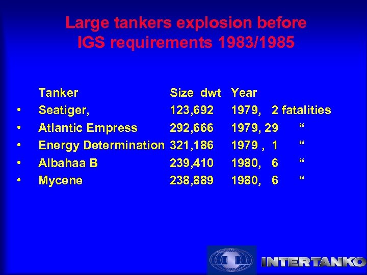 Large tankers explosion before IGS requirements 1983/1985 • • • Tanker Seatiger, Atlantic Empress