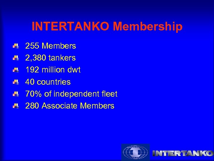 INTERTANKO Membership 255 Members 2, 380 tankers 192 million dwt 40 countries 70% of