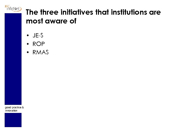 The three initiatives that institutions are most aware of • JE-S • ROP •