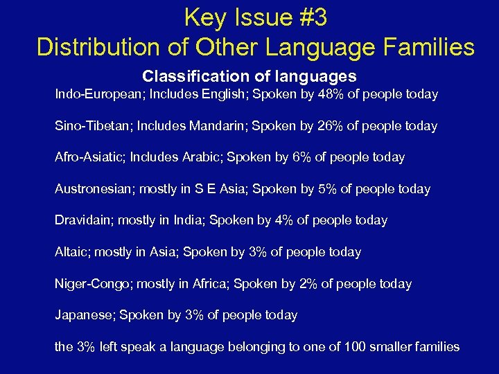 Key Issue #3 Distribution of Other Language Families Classification of languages Indo-European; Includes English;