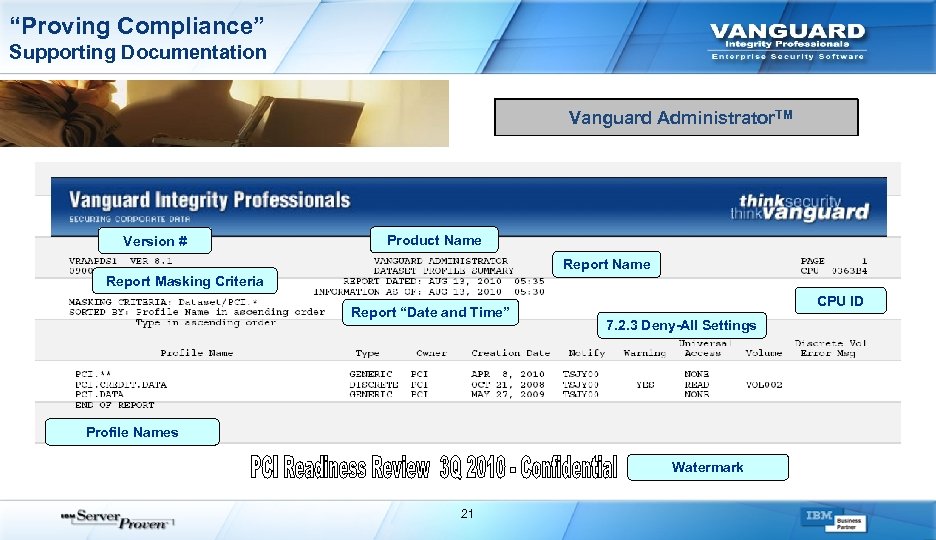 “Proving Compliance” Supporting Documentation Vanguard Administrator. TM Version # Product Name Report Masking Criteria