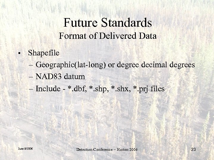 Future Standards Format of Delivered Data • Shapefile – Geographic(lat-long) or degree decimal degrees