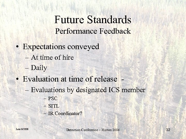 Future Standards Performance Feedback • Expectations conveyed – At time of hire – Daily