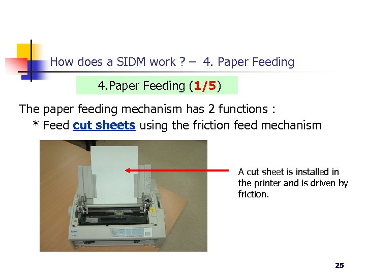 How does a SIDM work ? – 4. Paper Feeding (1/5) The paper feeding
