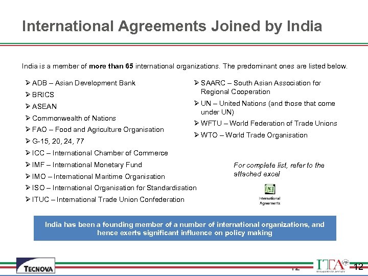 International Agreements Joined by India is a member of more than 65 international organizations.