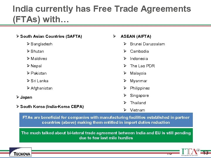 India currently has Free Trade Agreements (FTAs) with… Ø South Asian Countries (SAFTA) Ø