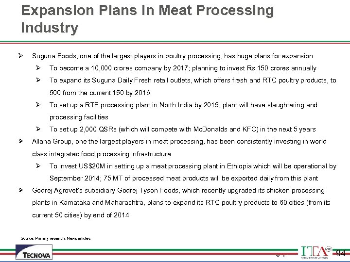 Expansion Plans in Meat Processing Industry Ø Suguna Foods, one of the largest players