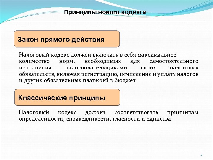 Принципы нового кодекса Закон прямого действия Налоговый кодекс должен включать в себя максимальное количество