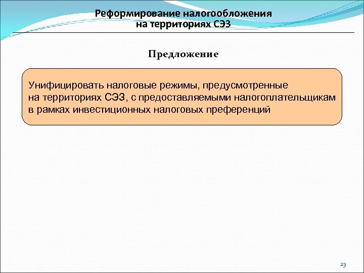 Реформирование налогообложения на территориях СЭЗ Предложение Унифицировать налоговые режимы, предусмотренные на территориях СЭЗ, с