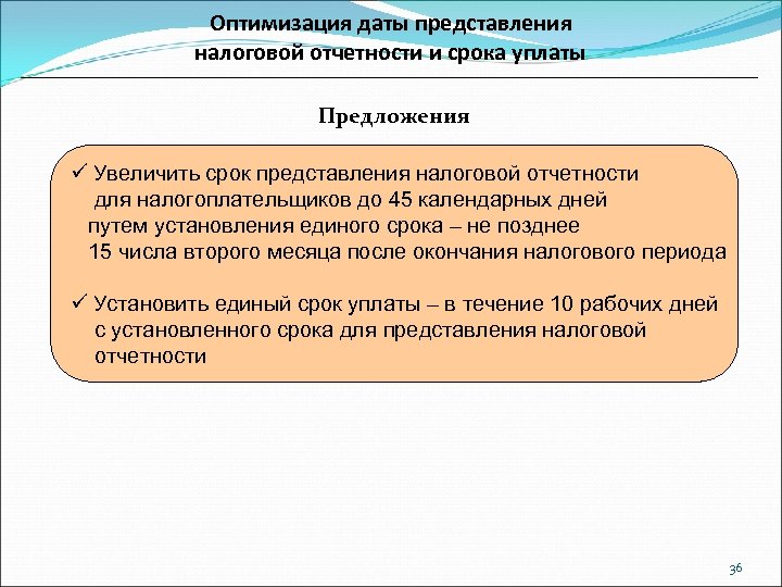 Оптимизация даты представления налоговой отчетности и срока уплаты Предложения ü Увеличить срок представления налоговой