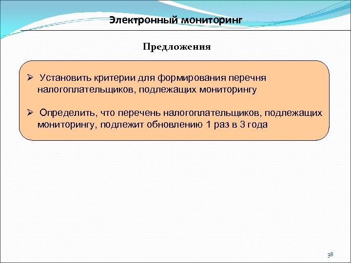 Электронный мониторинг Предложения Ø Установить критерии для формирования перечня налогоплательщиков, подлежащих мониторингу Ø Определить,