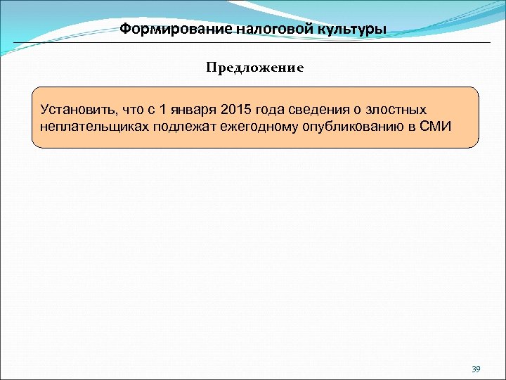 Формирование налоговой культуры Предложение Установить, что с 1 января 2015 года сведения о злостных