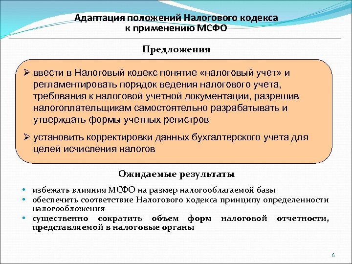 Адаптация положений Налогового кодекса к применению МСФО Предложения Ø ввести в Налоговый кодекс понятие