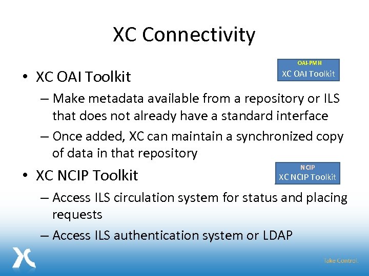 XC Connectivity • XC OAI Toolkit OAI-PMH XC OAI Toolkit – Make metadata available