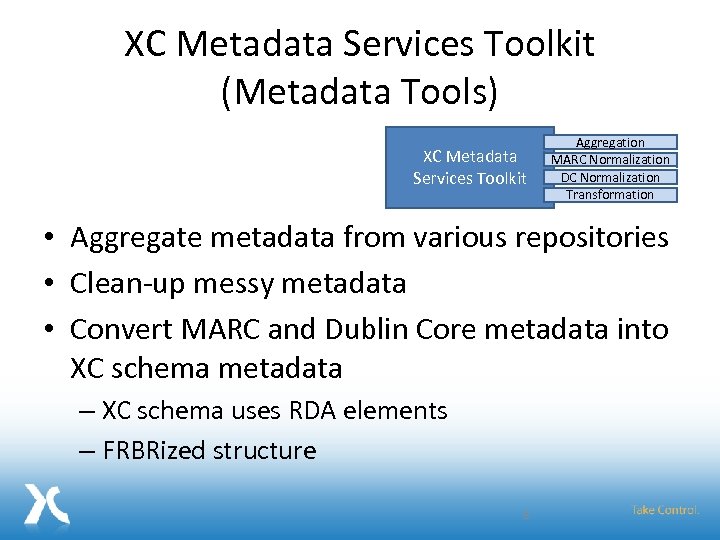 XC Metadata Services Toolkit (Metadata Tools) XC Metadata Services Toolkit Aggregation MARC Normalization DC