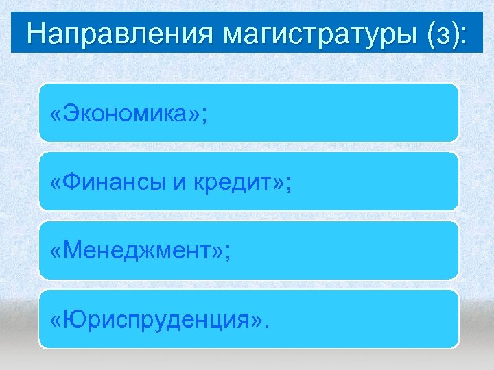 Направления магистратуры (з): «Экономика» ; «Финансы и кредит» ; «Менеджмент» ; «Юриспруденция» . 